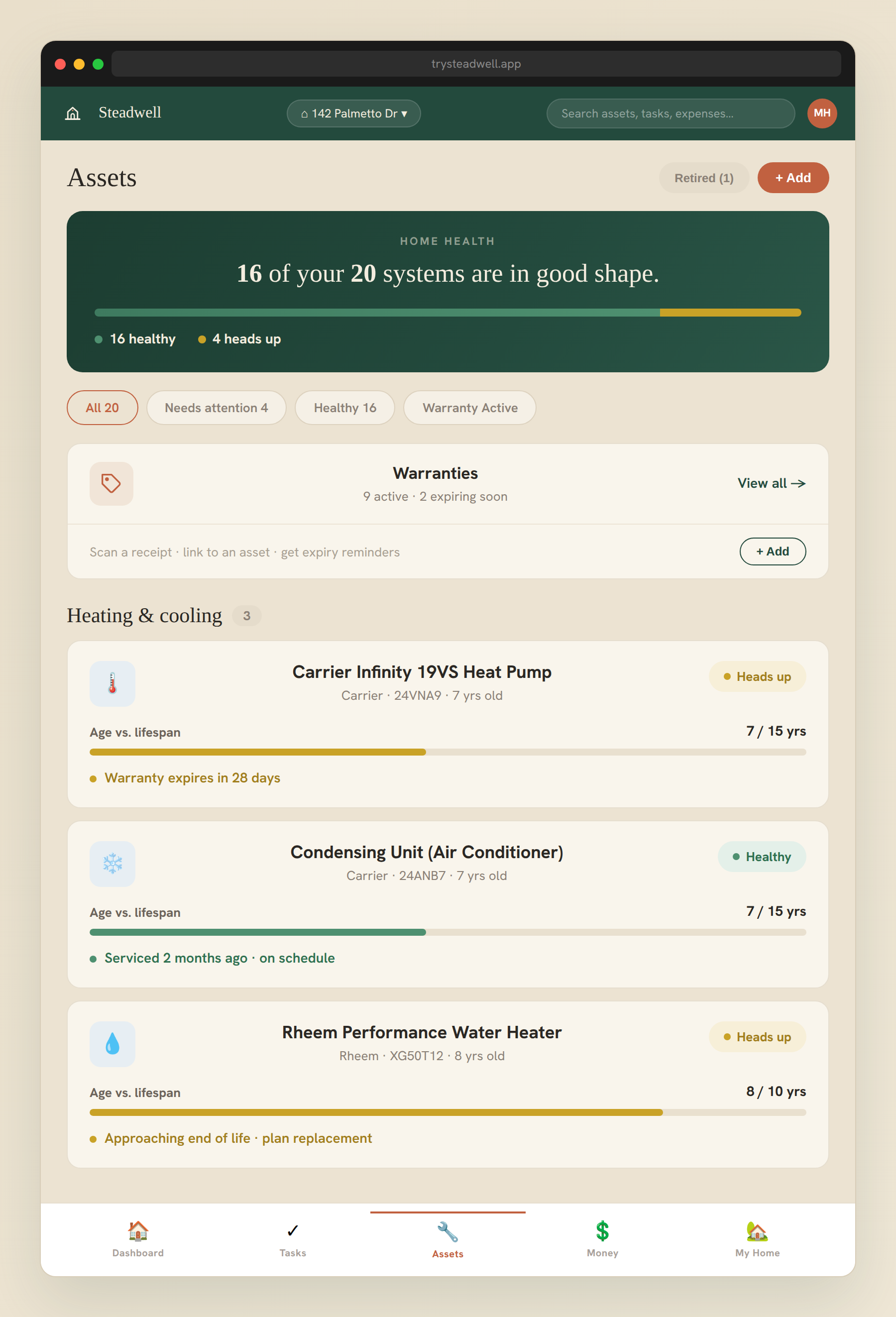 Steadwell home dashboard showing appliance tracking, warranties, and home health